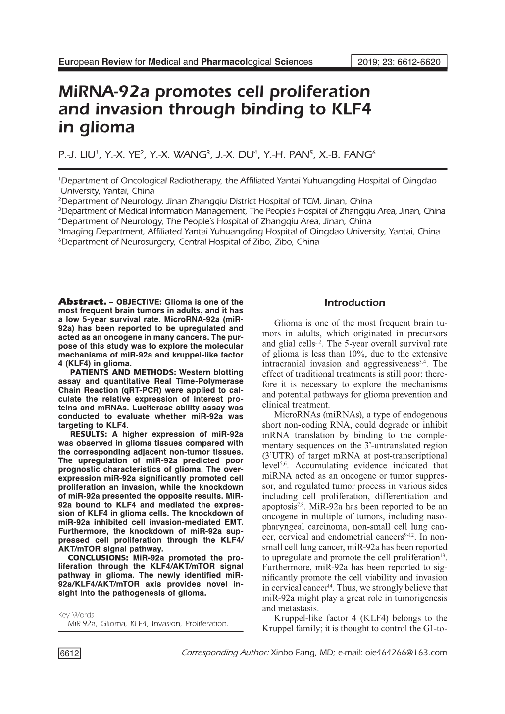 Mirna-92A Promotes Cell Proliferation and Invasion Through Binding to KLF4 in Glioma