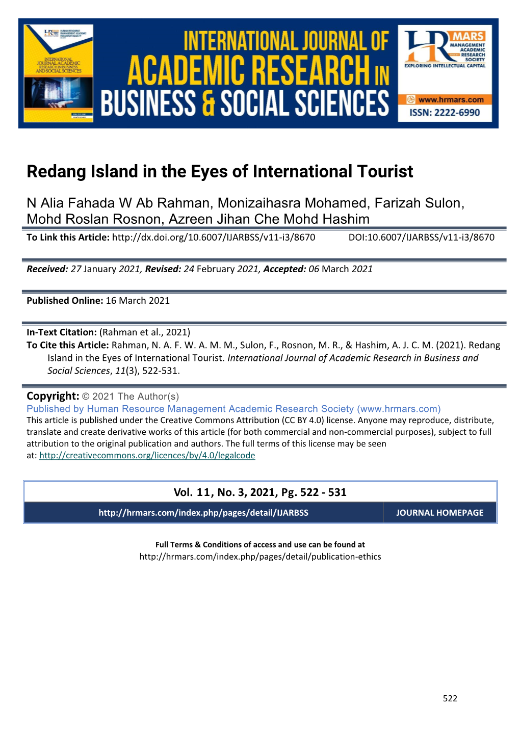 Redang Island in the Eyes of International Tourist