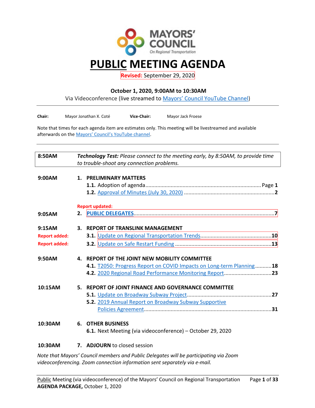 PUBLIC MEETING AGENDA Revised: September 29, 2020