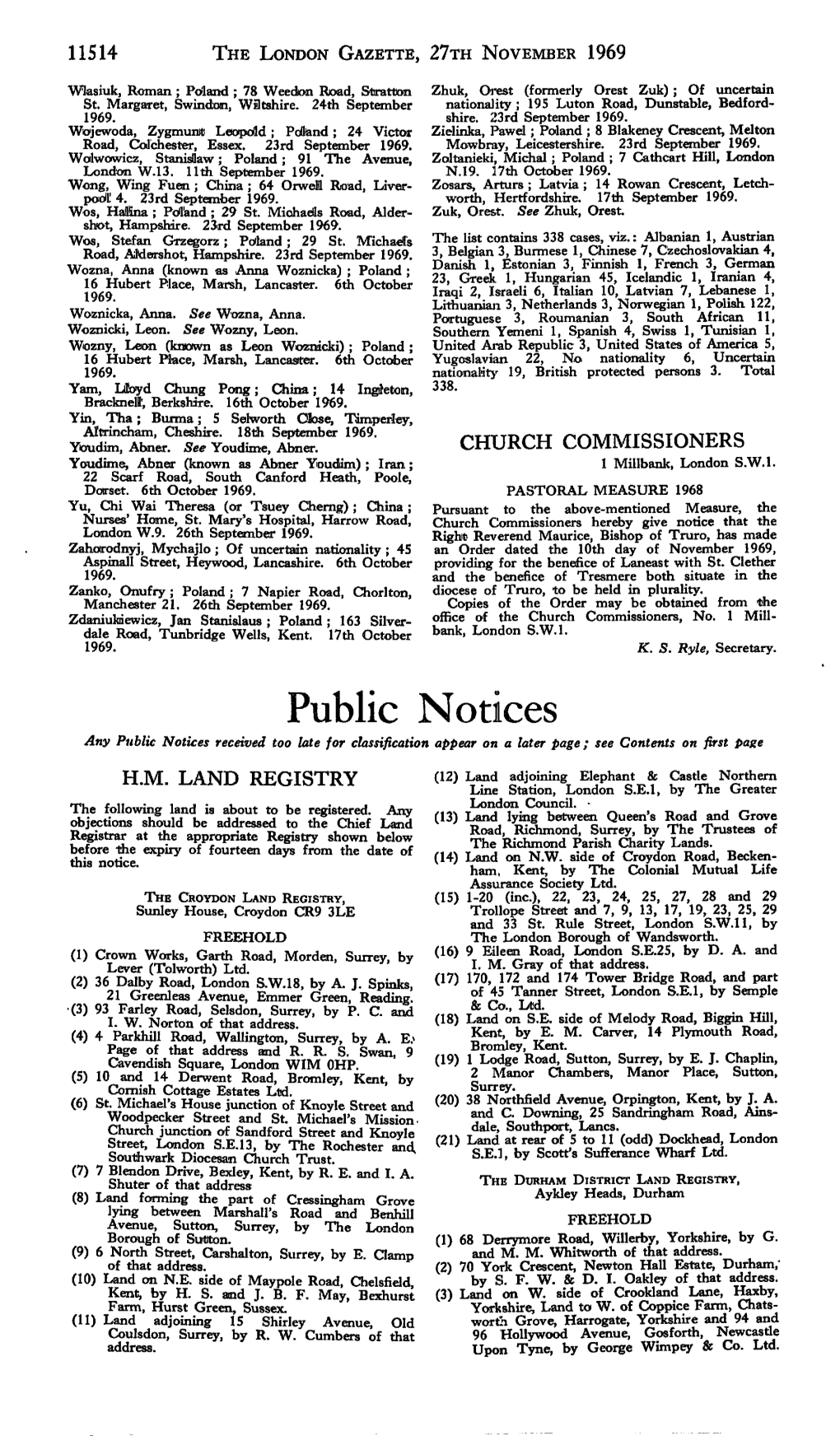 Public Notices Any Public Notices Received Too Late for Classification Appear on a Later Page; See Contents on First Page