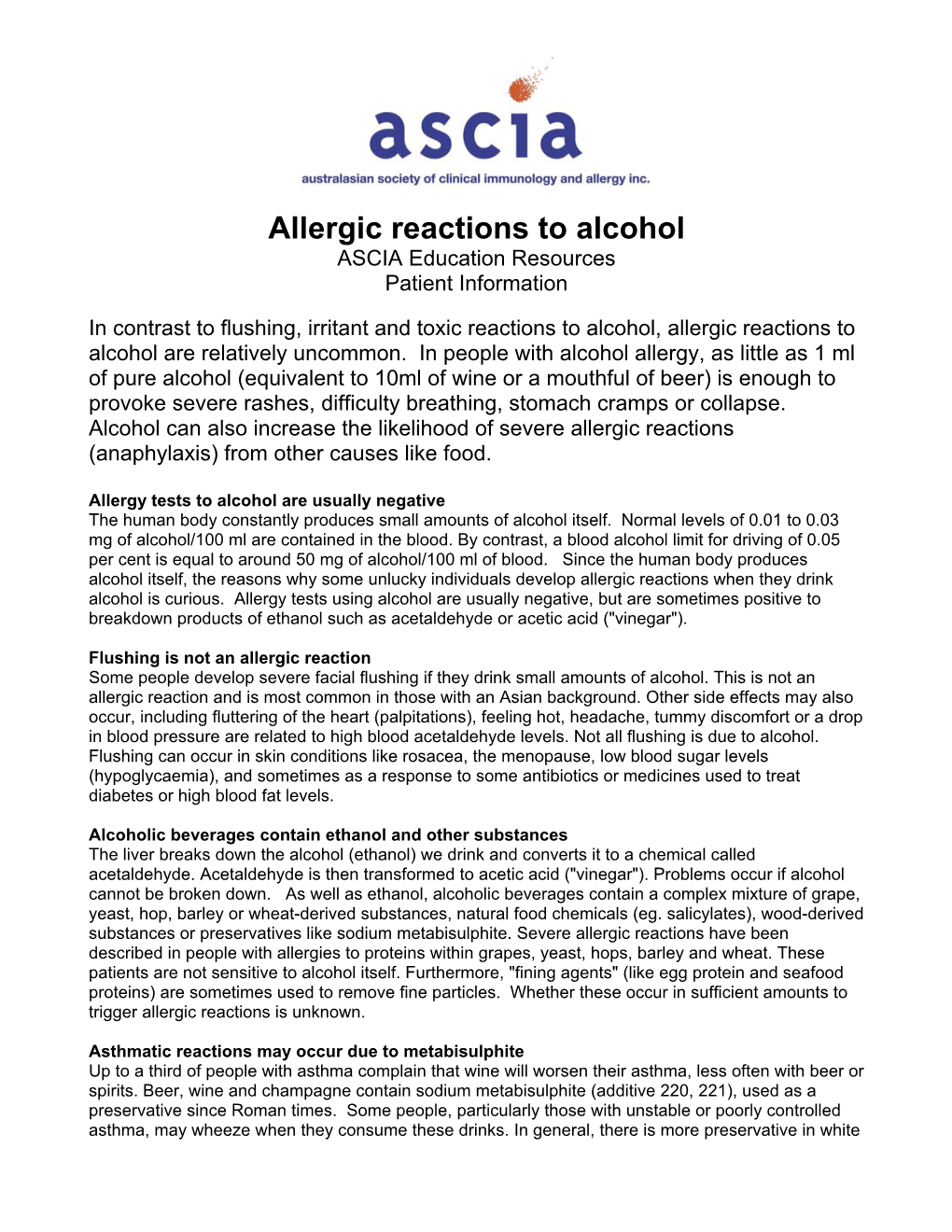 Allergic Reactions to Alcohol ASCIA Education Resources Patient Information