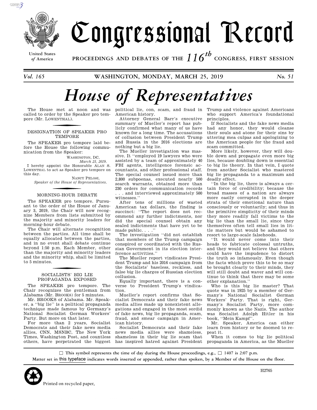 Congressional Record United States Th of America PROCEEDINGS and DEBATES of the 116 CONGRESS, FIRST SESSION