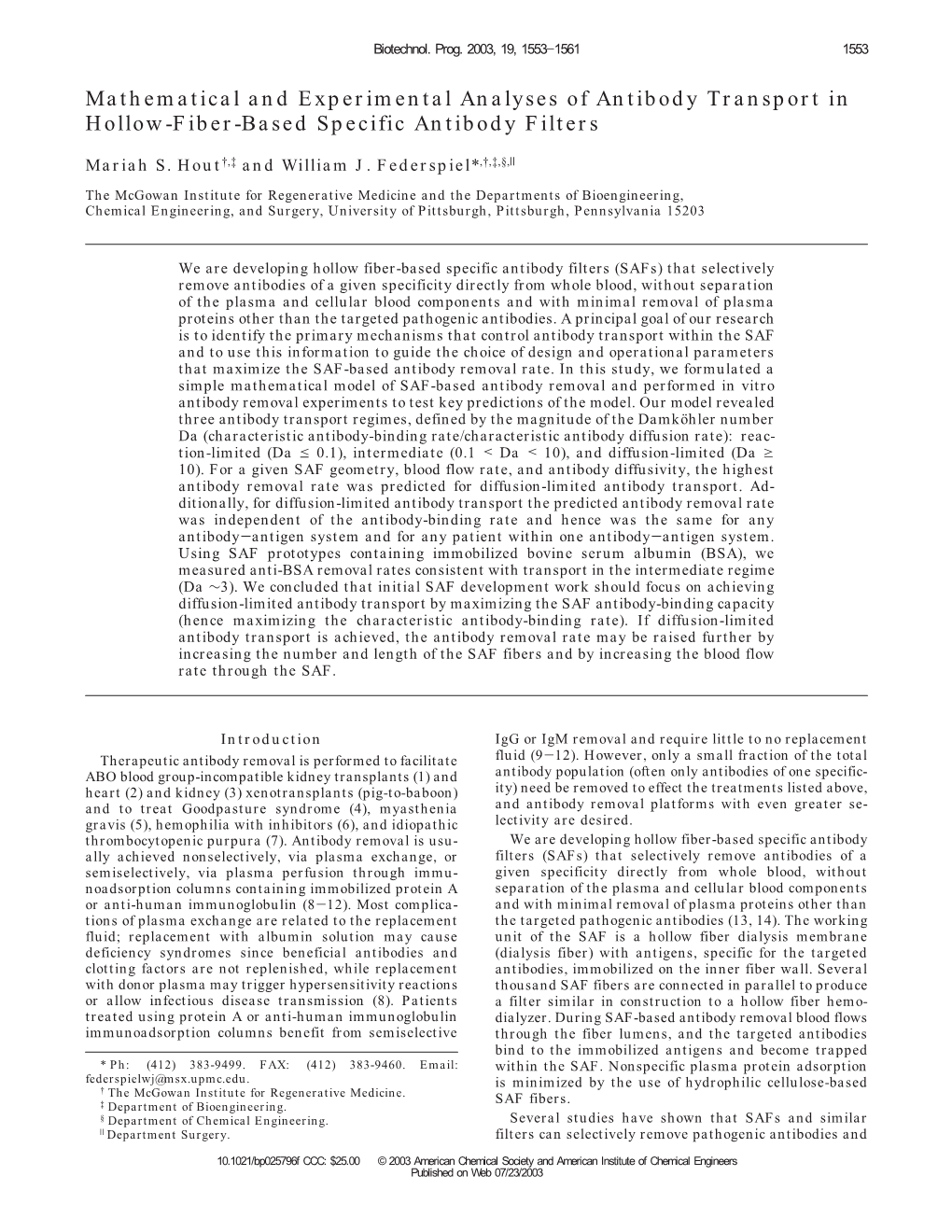 Hout MS, Federspiel WJ. Mathematical and Experimental Analyses of Antibody Transport in Hollow Fiber-Based Specific