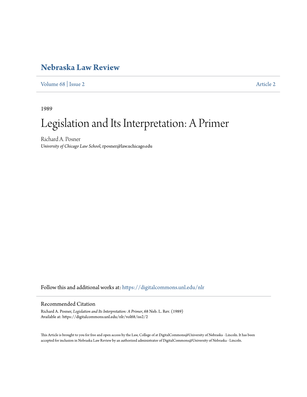 Legislation and Its Interpretation: a Primer Richard A