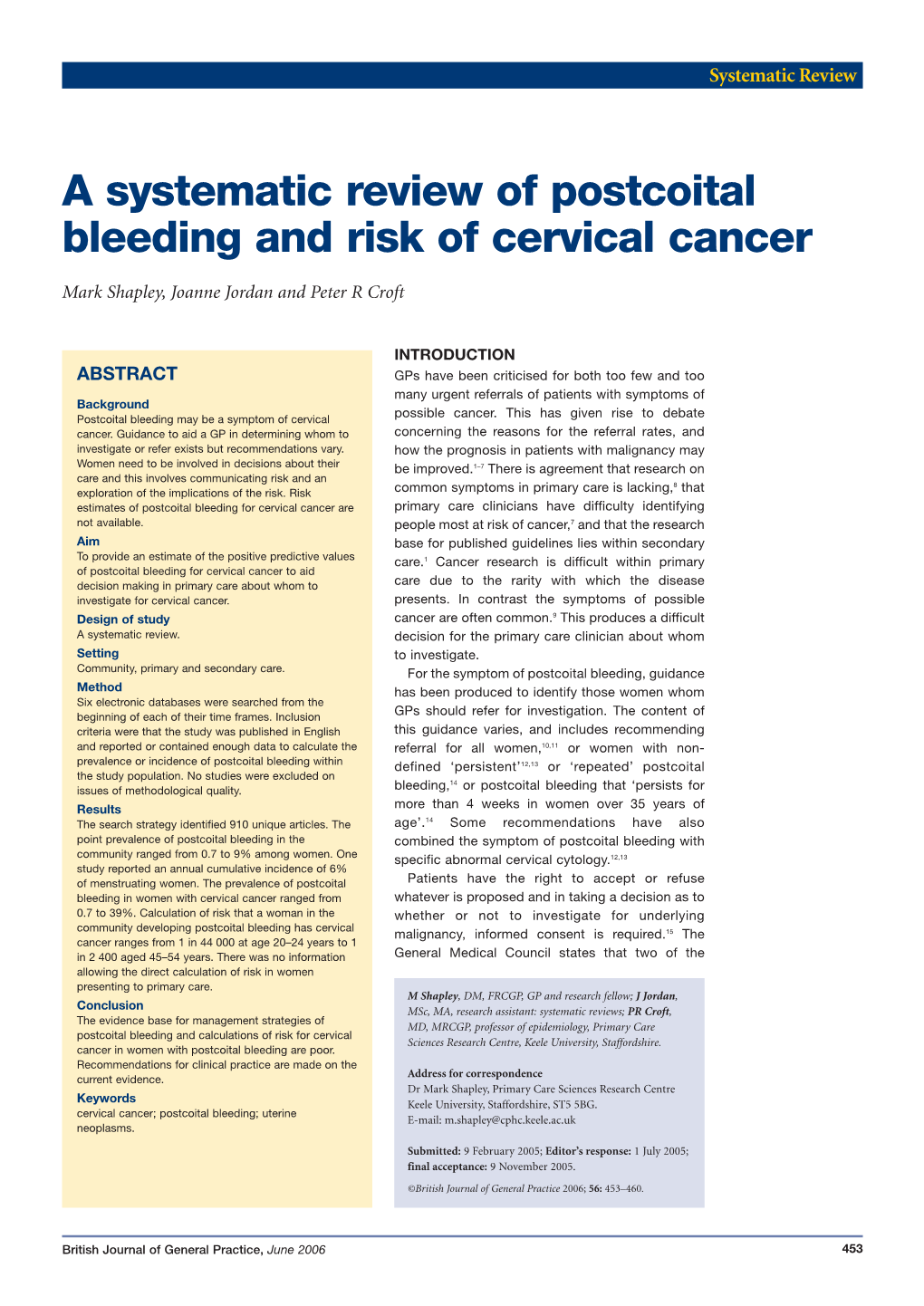 A Systematic Review of Postcoital Bleeding and Risk of Cervical Cancer