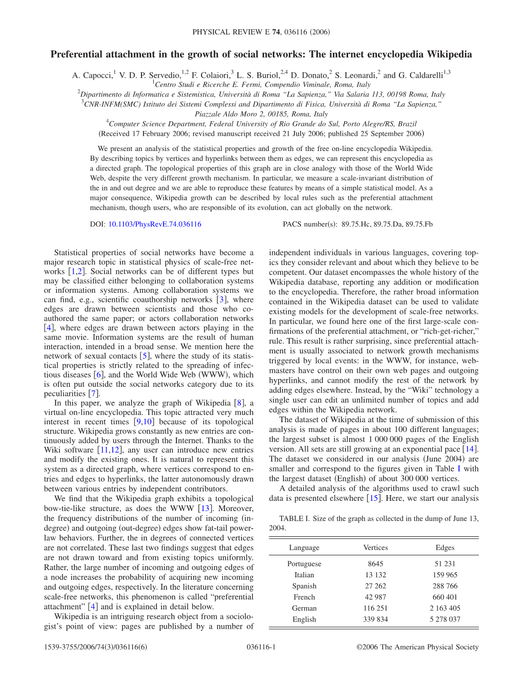 Preferential Attachment in the Growth of Social Networks: the Internet Encyclopedia Wikipedia