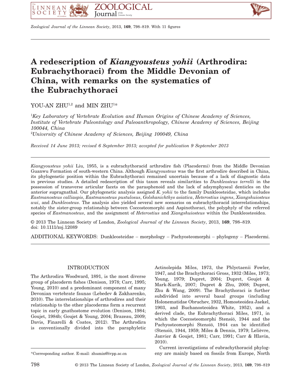 A Redescription of Kiangyousteus Yohii (Arthrodira: Eubrachythoraci) from the Middle Devonian of China, with Remarks on the Systematics of the Eubrachythoraci