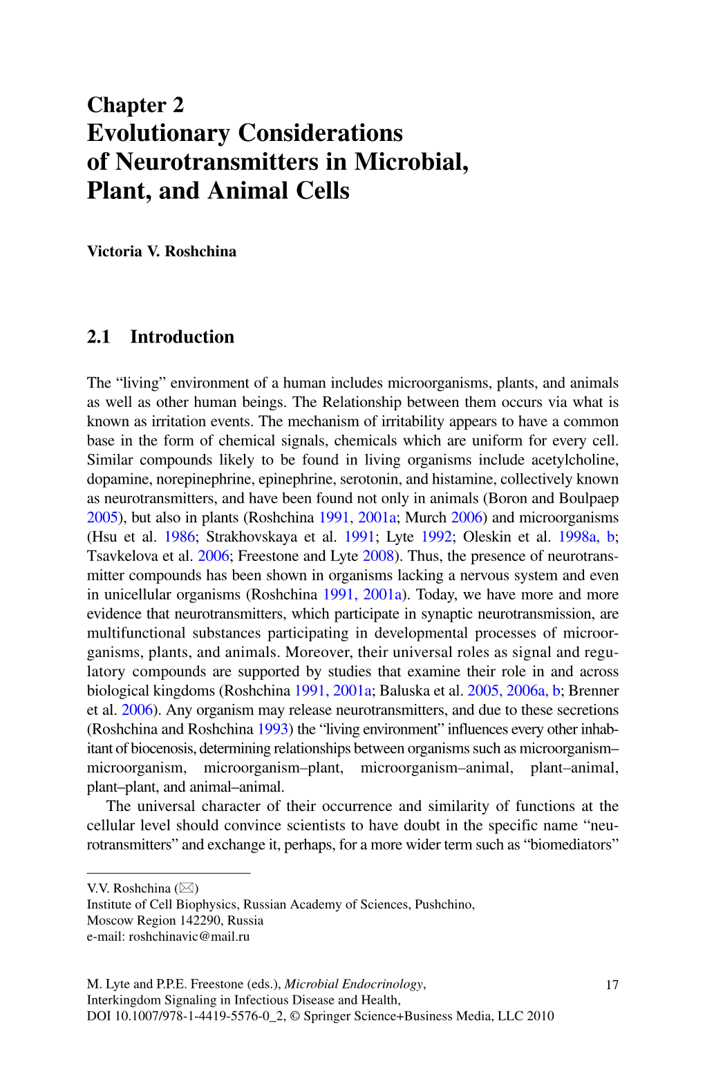 Evolutionary Considerations of Neurotransmitters in Microbial, Plant, and Animal Cells