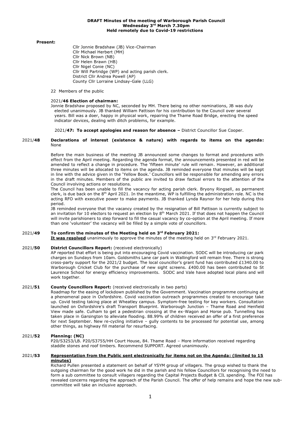 DRAFT Minutes of the Meeting of Warborough Parish Council Wednesday 3Rd March 7.30Pm Held Remotely Due to Covid-19 Restrictions