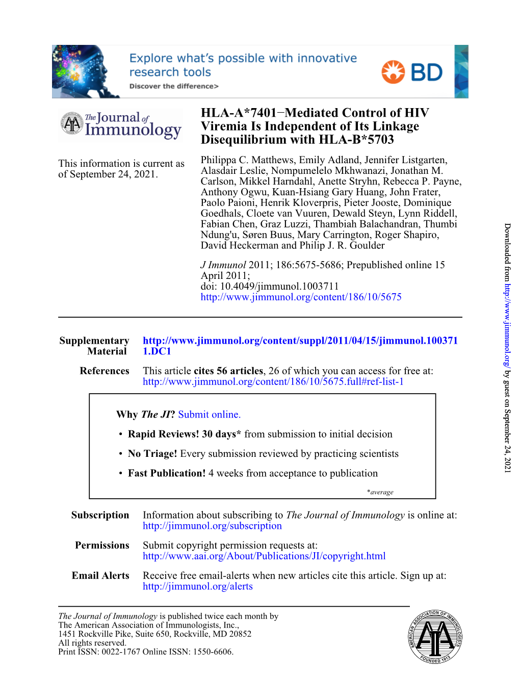 Disequilibrium with HLA-B*5703 Viremia Is Independent of Its