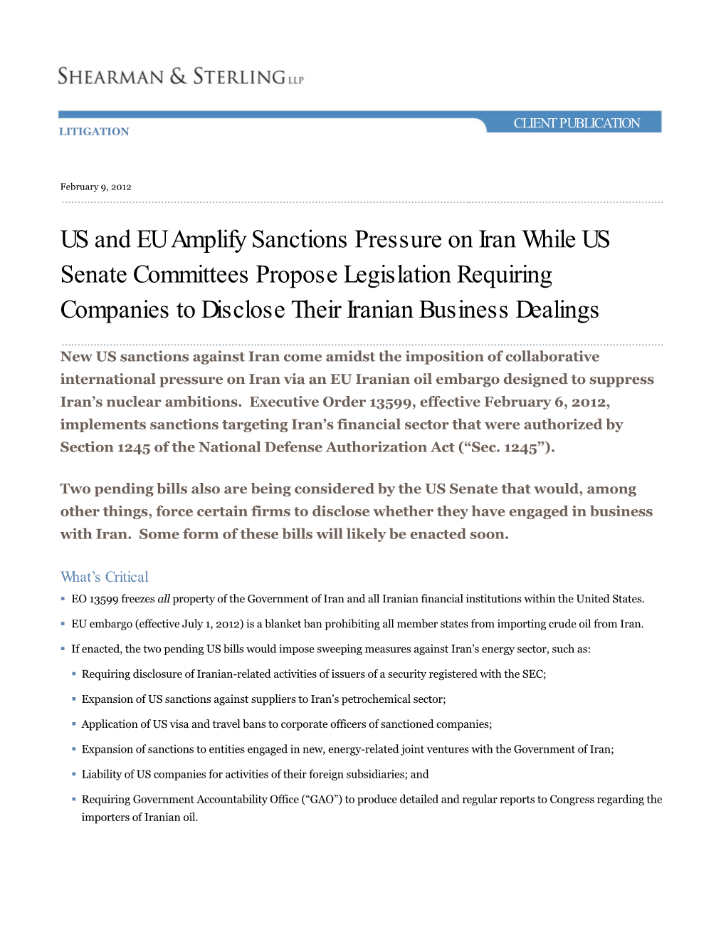 US and EU Amplify Sanctions Pressure on Iran While US Senate Committees Propose Legislation Requiring Companies to Disclose Their Iranian Business Dealings