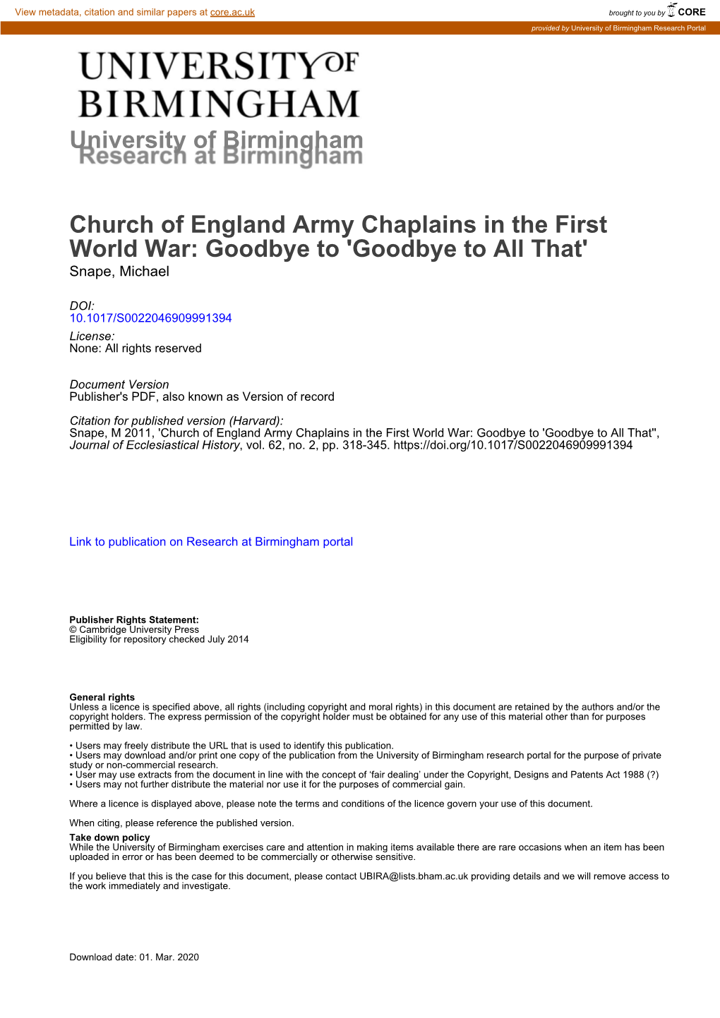 University of Birmingham Church of England Army Chaplains in the First World