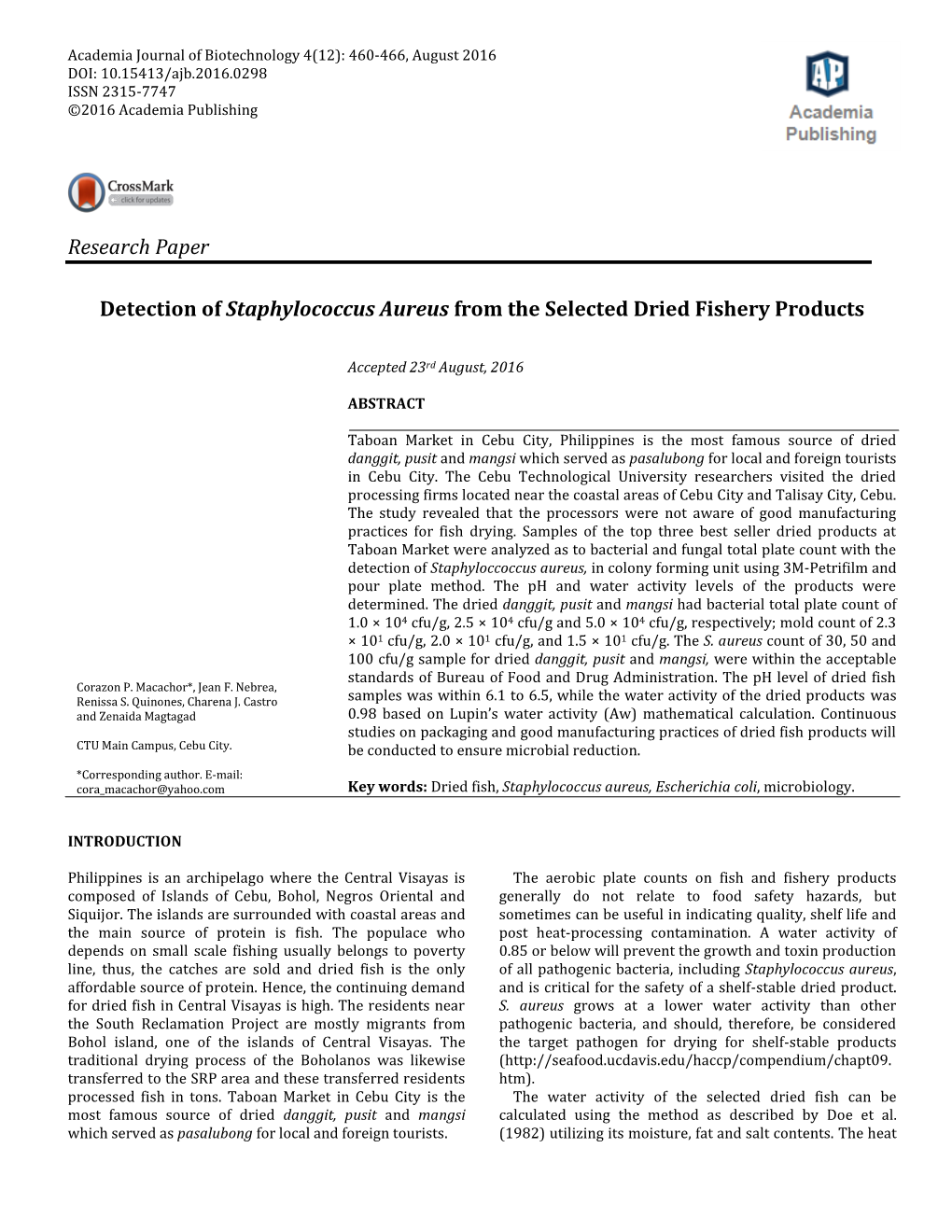 Research Paper Detection of Staphylococcus Aureus from The