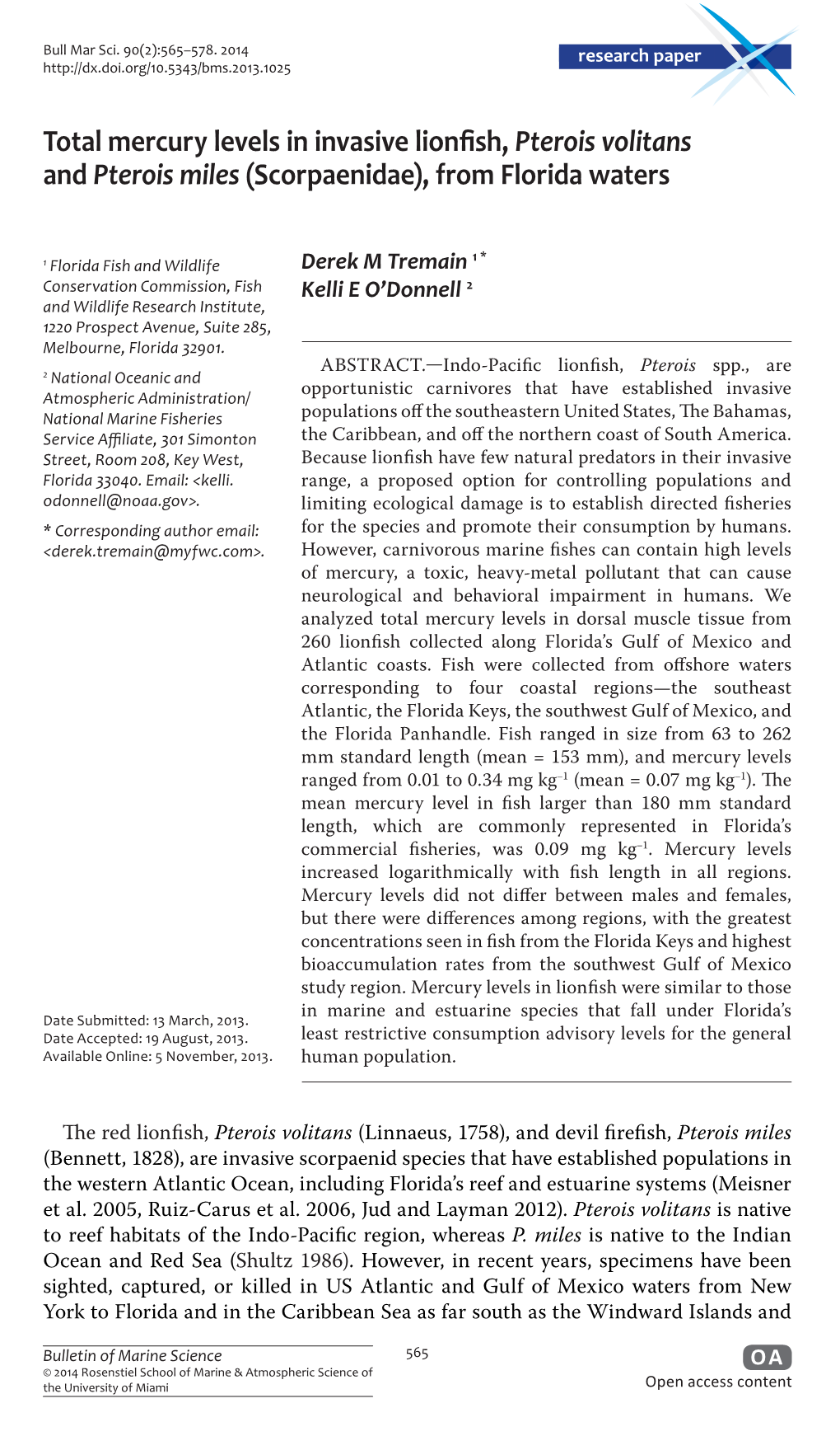 Total Mercury Levels in Invasive Lionfish, &lt;I&gt;Pterois Volitans&lt;/I&gt;