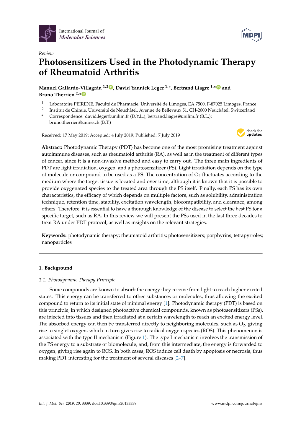 Photosensitizers Used in the Photodynamic Therapy of Rheumatoid Arthritis