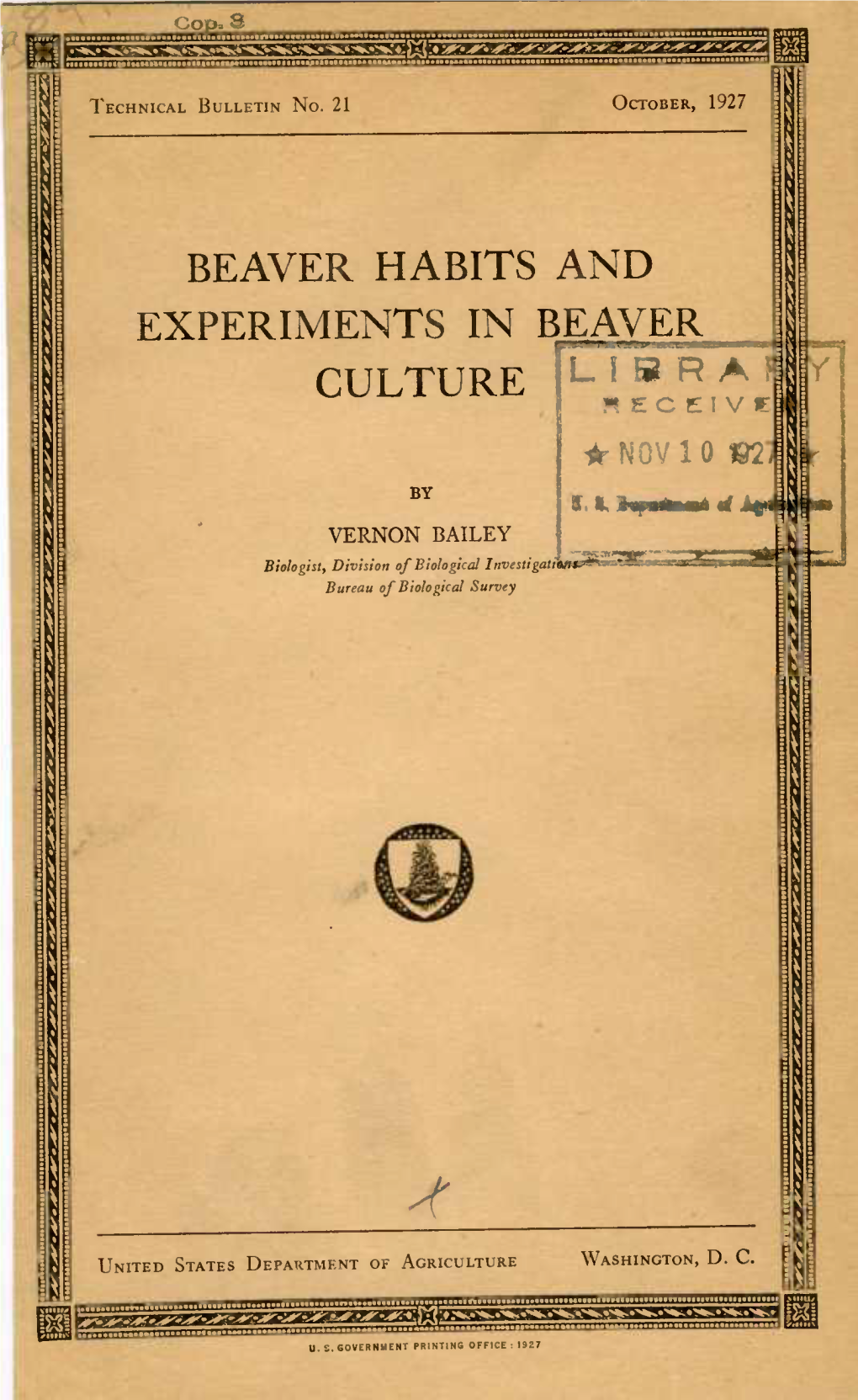 Beaver Habits and Culture USDA 1927