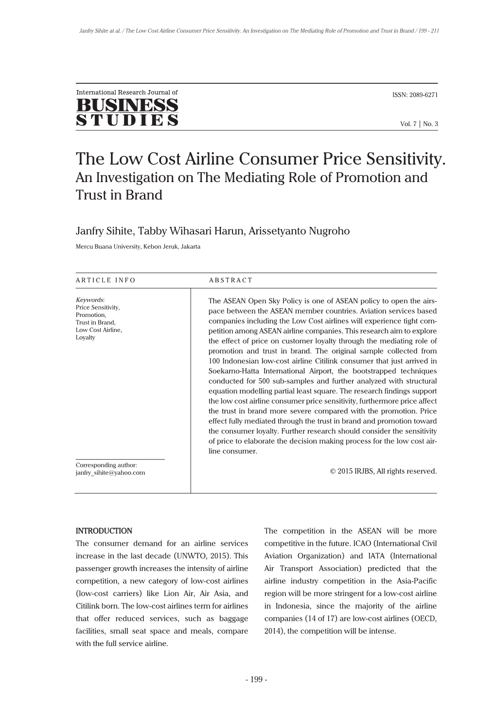 The Low Cost Airline Consumer Price Sensitivity. an Investigation on the Mediating Role of Promotion and Trust in Brand / 199 - 211