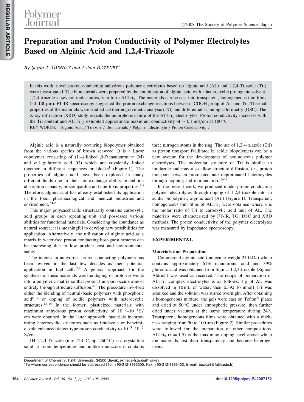 Preparation and Proton Conductivity of Polymer Electrolytes Based on Alginic Acid and 1,2,4-Triazole