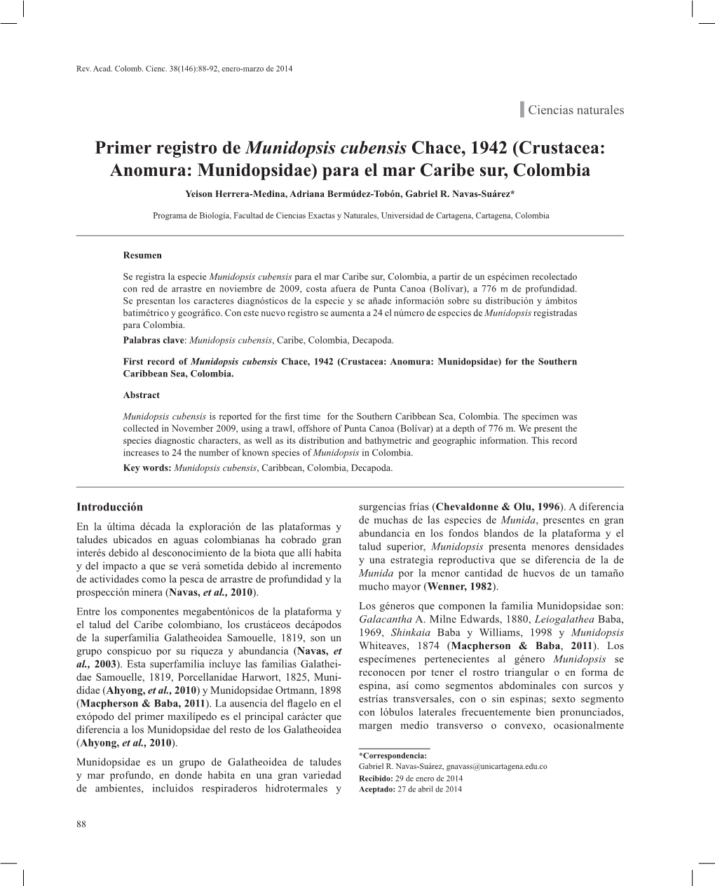 Primer Registro De Munidopsis Cubensis Chace