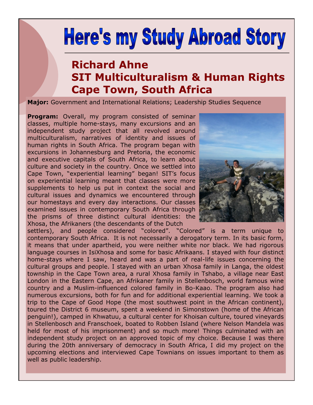 Richard Ahne SIT Multiculturalism & Human Rights Cape Town, South