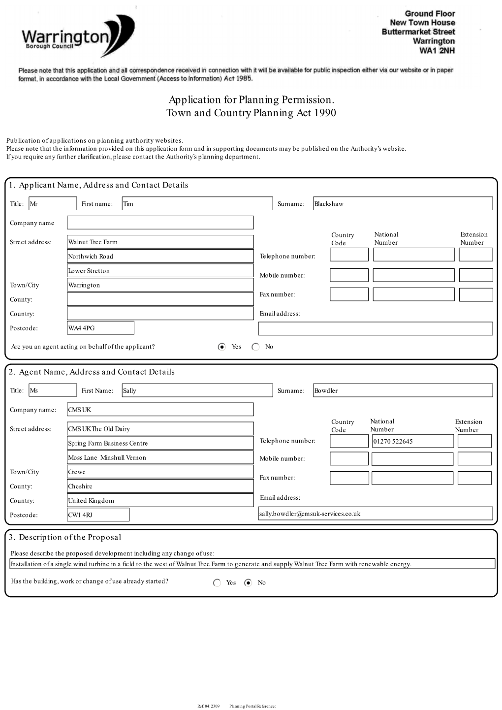 Application for Planning Permission. Town and Country Planning Act 1990