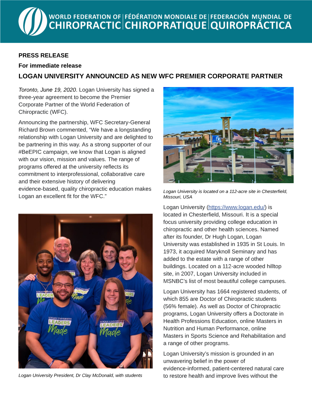 Logan University Announced As New Wfc Premier Corporate Partner