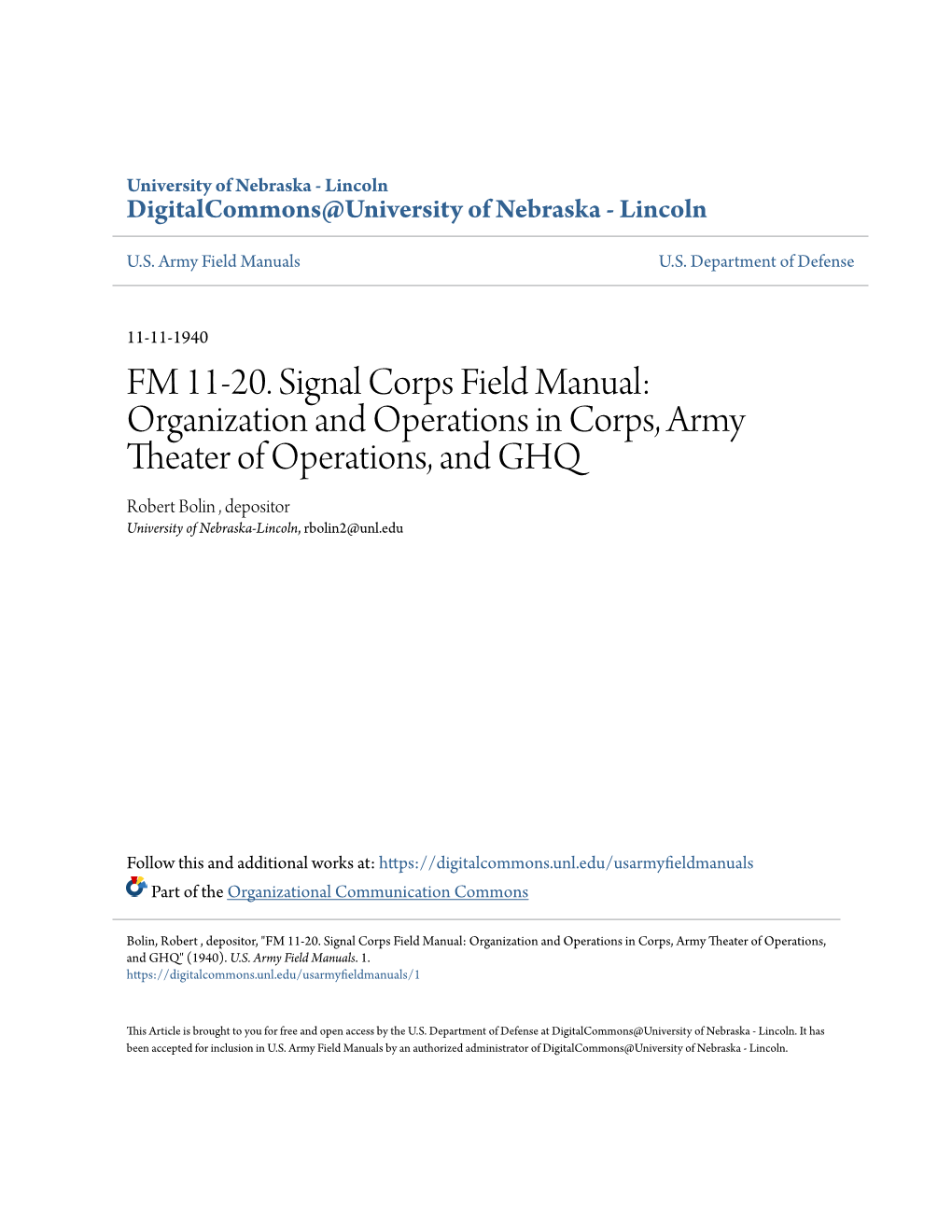 FM 11-20. Signal Corps Field Manual