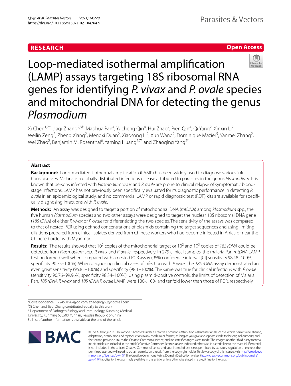 Assays Targeting 18S Ribosomal RNA Genes for Identifying P. Vivax and P