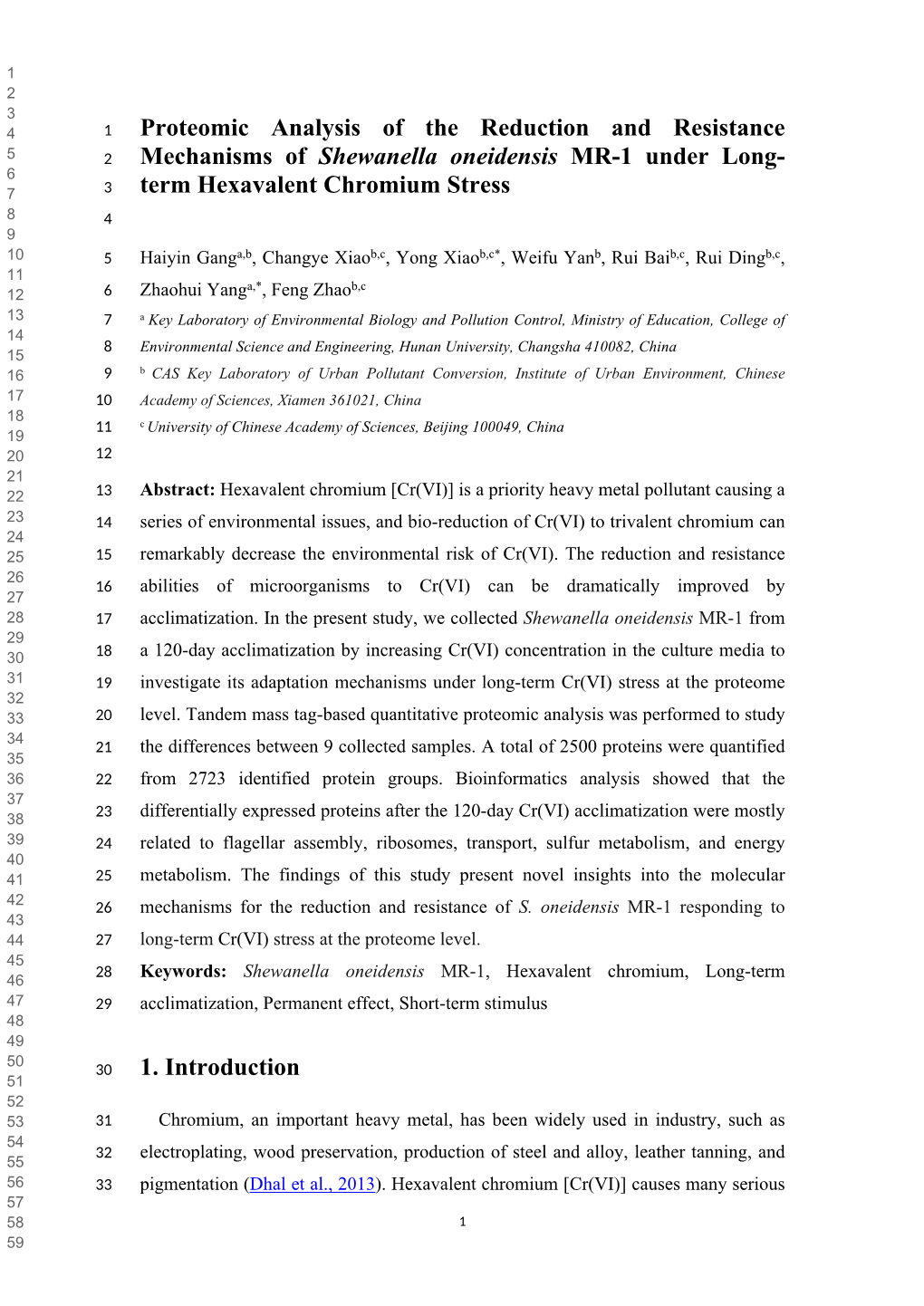 Proteomic Analysis of the Reduction and Resistance Mechanisms of Shewanella Oneidensis MR-1 Under Long- Term Hexavalent Chromium Stress