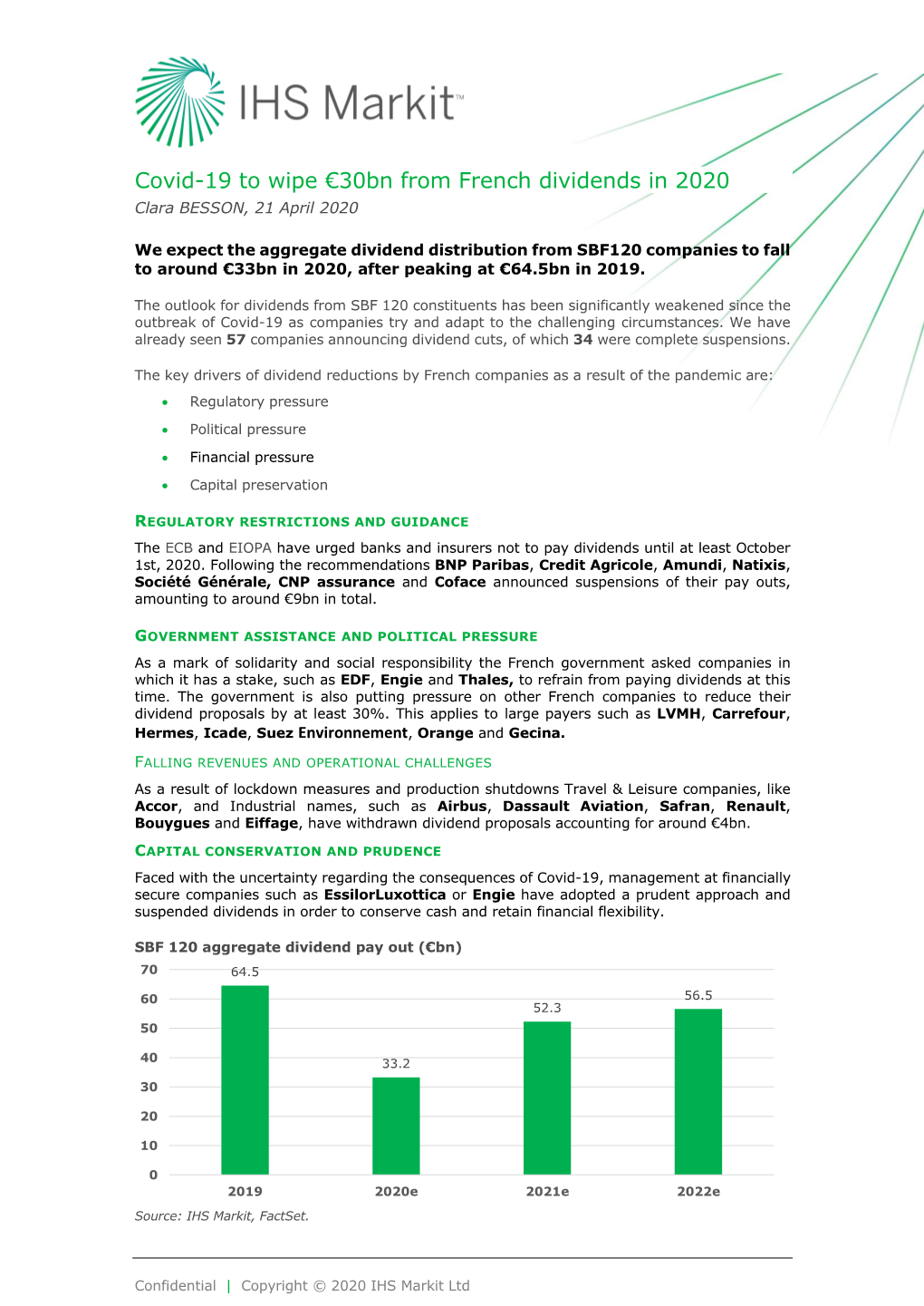 Covid-19 to Wipe €30Bn from French Dividends in 2020 Clara BESSON, 21 April 2020