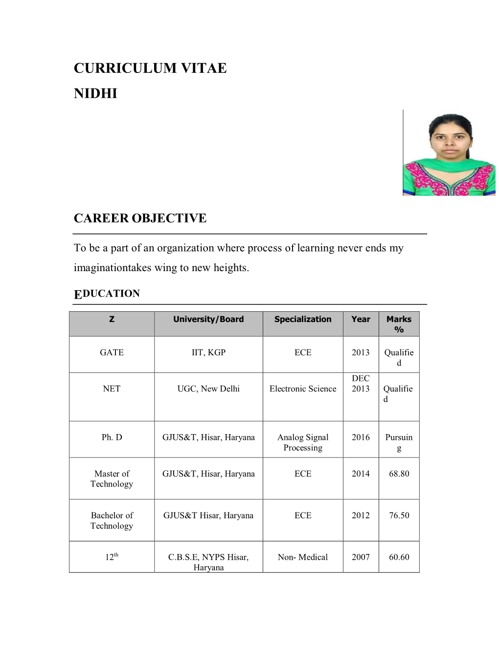 Curriculum Vitae Nidhi