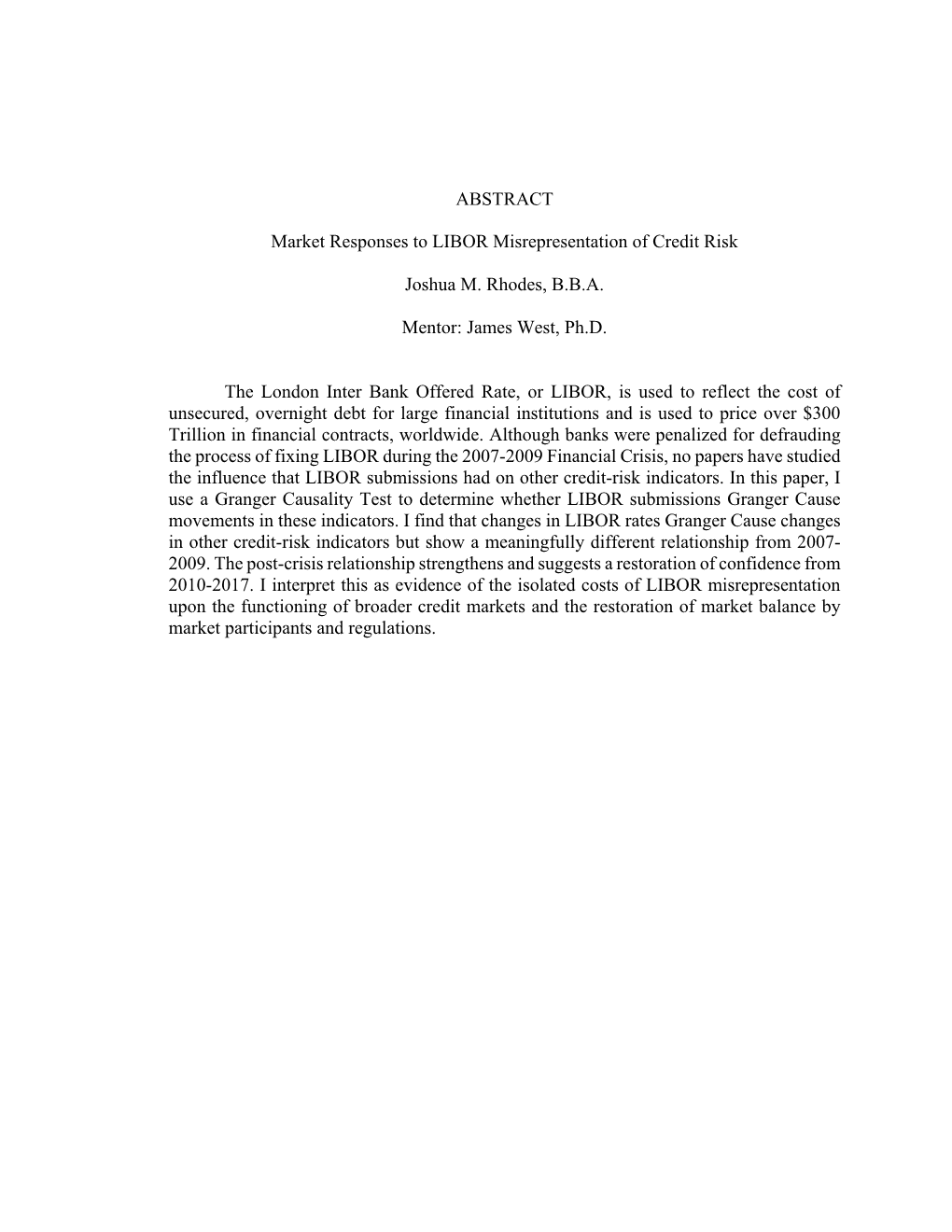 ABSTRACT Market Responses to LIBOR Misrepresentation of Credit