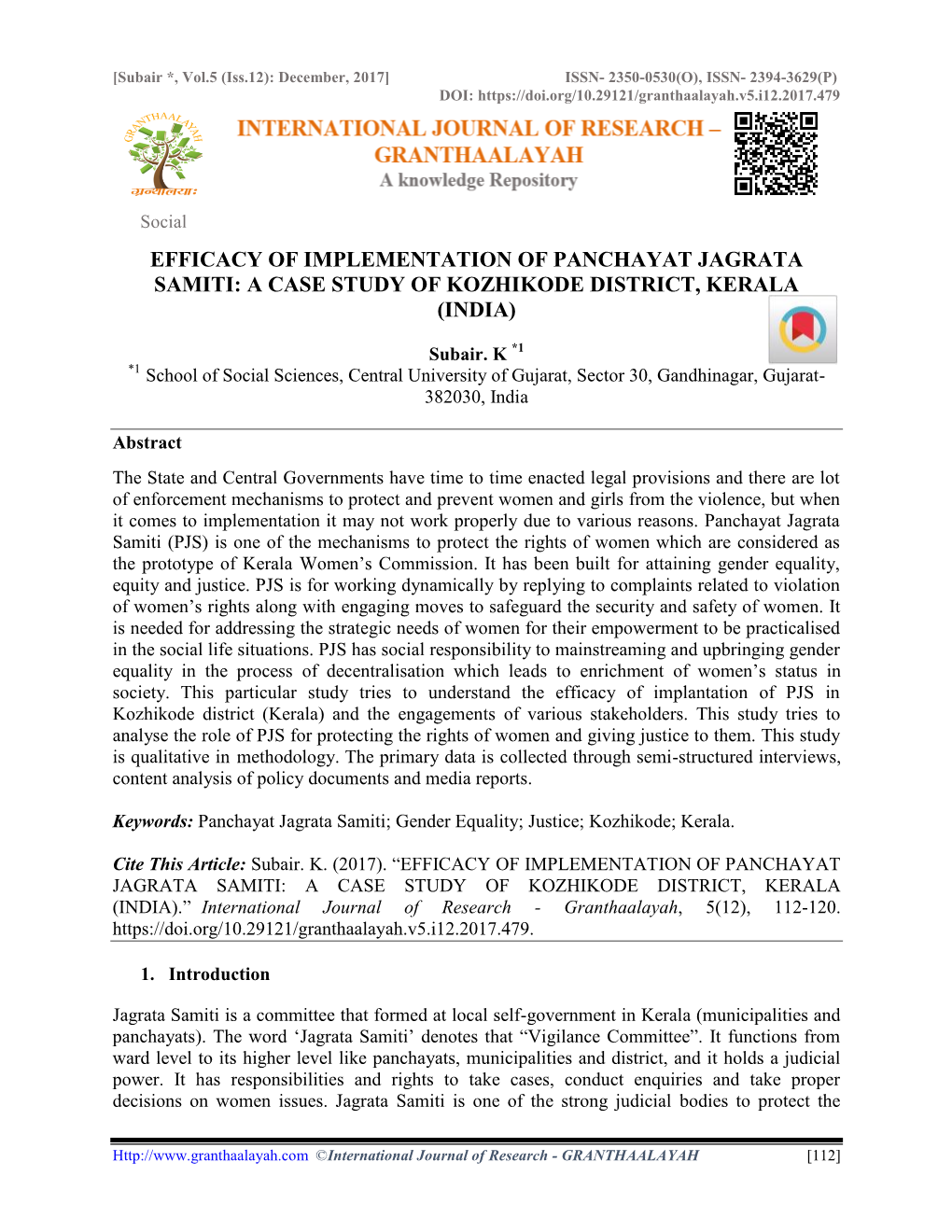 Efficacy of Implementation of Panchayat Jagrata Samiti: a Case Study of Kozhikode District, Kerala (India)