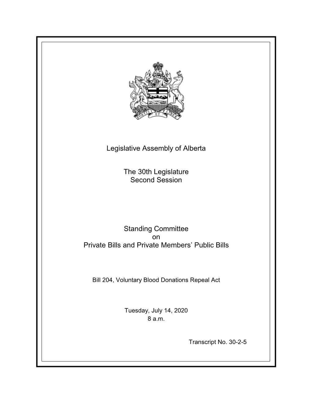 Legislative Assembly of Alberta the 30Th Legislature Second Session