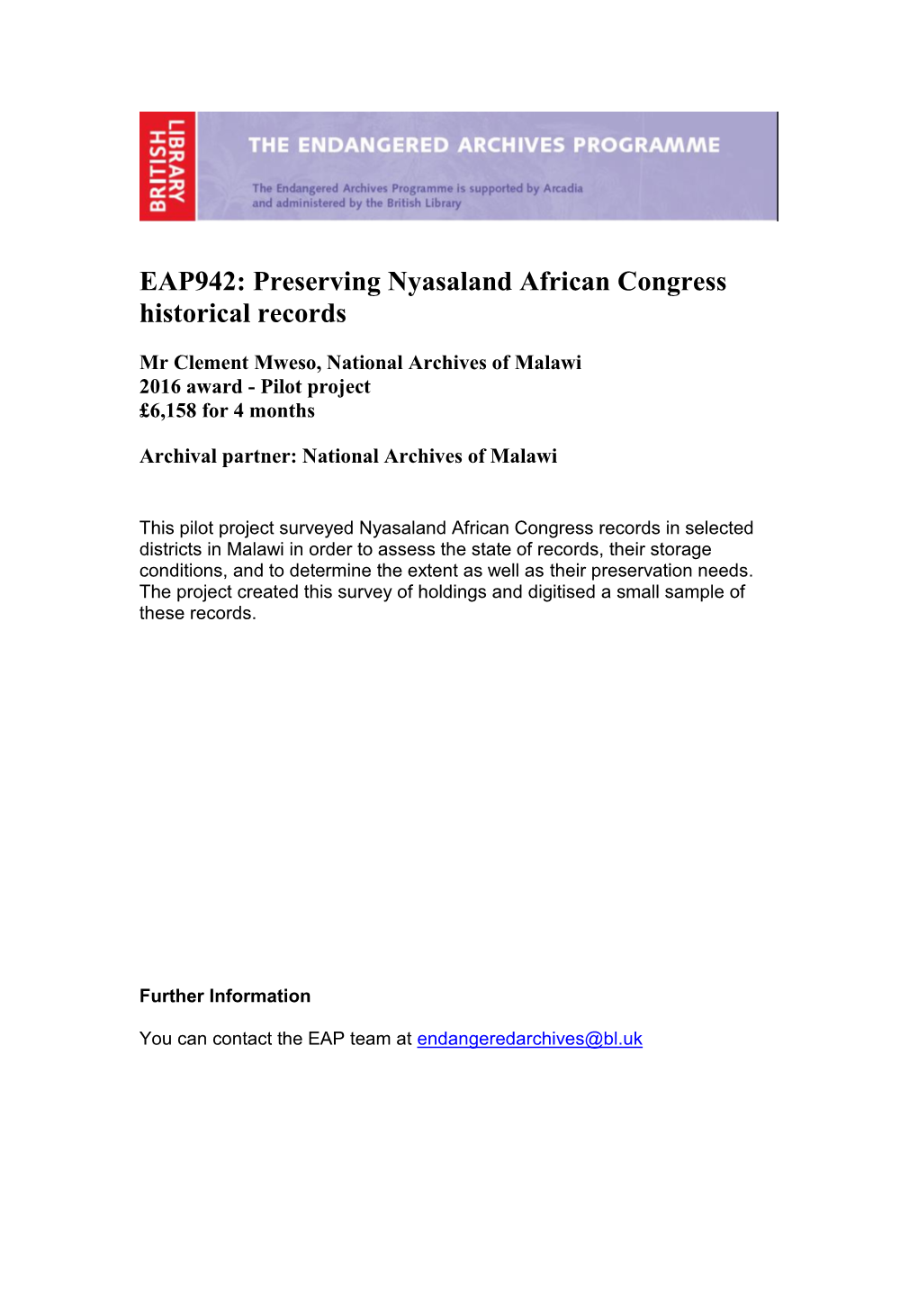 EAP942: Preserving Nyasaland African Congress Historical Records