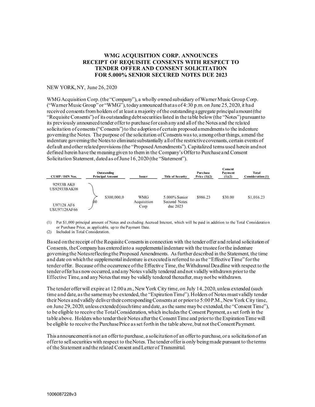 Wmg Acquisition Corp. Announces Receipt of Requisite Consents with Respect to Tender Offer and Consent Solicitation for 5.000% Senior Secured Notes Due 2023