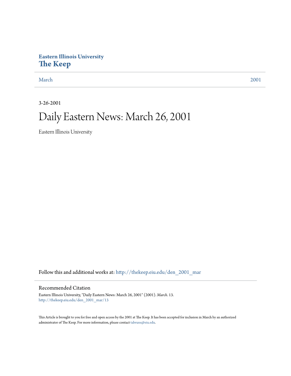 Eastern News: March 26, 2001 Eastern Illinois University