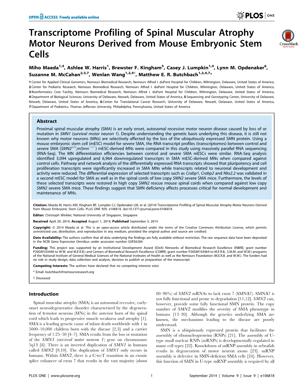 Transcriptome Profiling of Spinal Muscular Atrophy Motor Neurons Derived from Mouse Embryonic Stem Cells