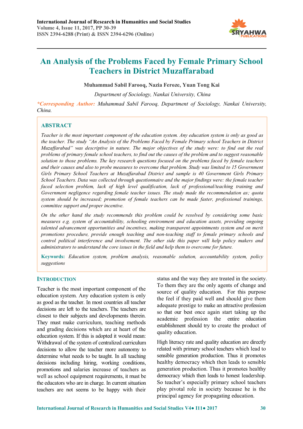 An Analysis of the Problems Faced by Female Primary School Teachers in District Muzaffarabad