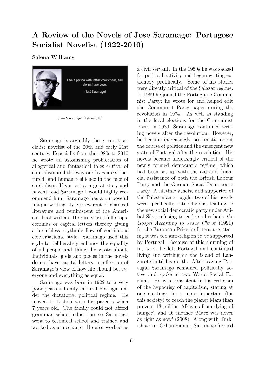 A Review of the Novels of Jose Saramago: Portugese Socialist Novelist (1922-2010)