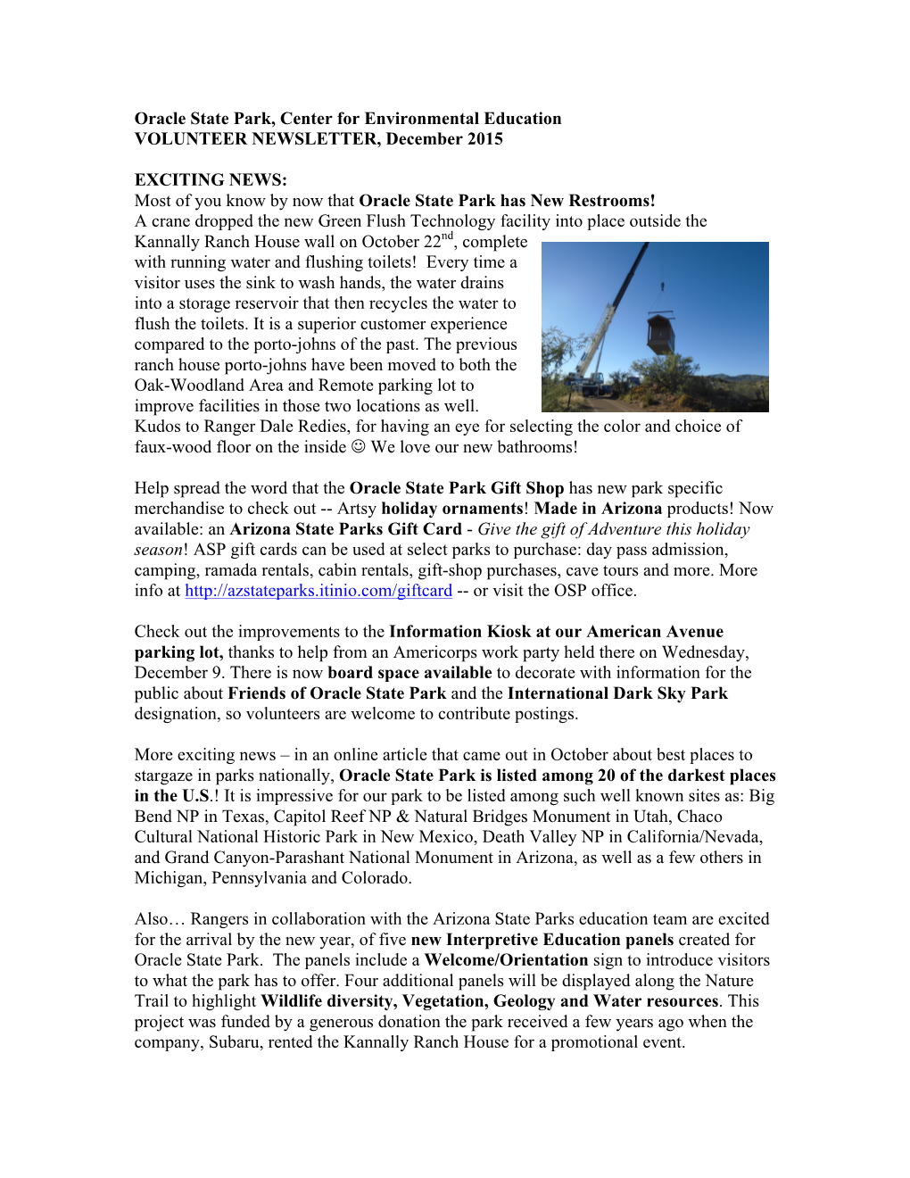 Oracle State Park, Center for Environmental Education VOLUNTEER NEWSLETTER, December 2015