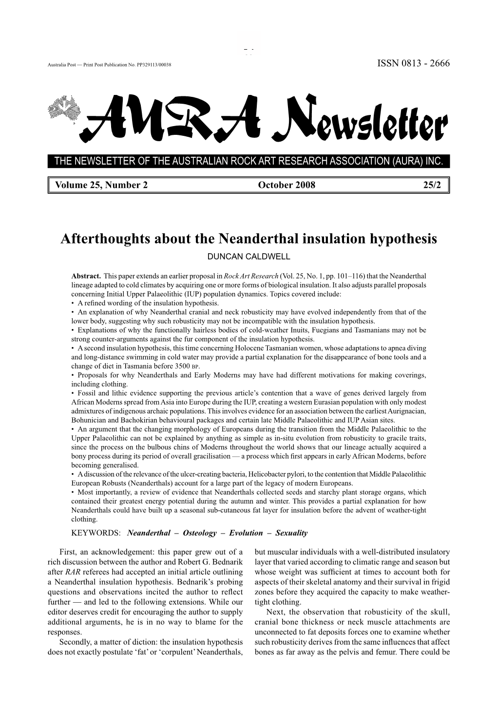 Afterthoughts About the Neanderthal Insulation Hypothesis DUNCAN CALDWELL