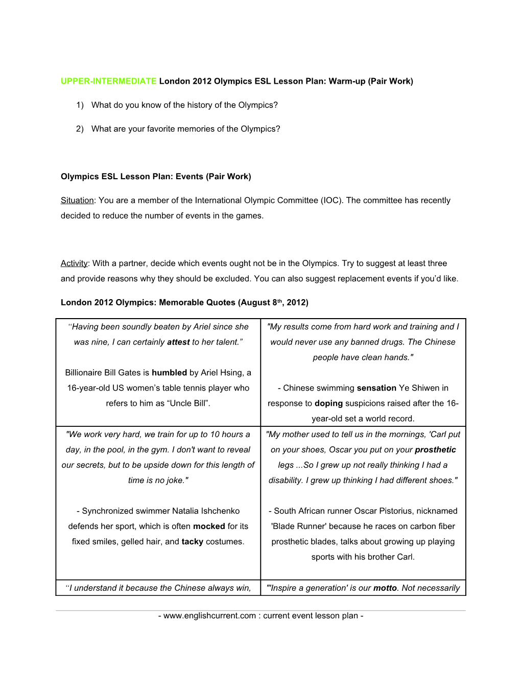 UPPER-INTERMEDIATE London 2012 Olympics ESL Lesson Plan: Warm-Up (Pair Work)