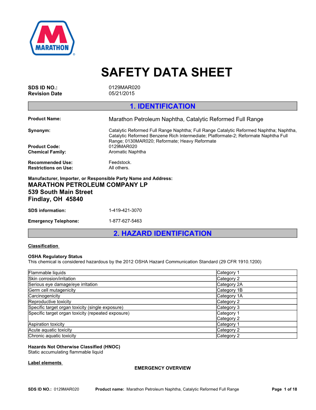 Marathon Petroleum Naphtha Catalytic Reformed Full Range