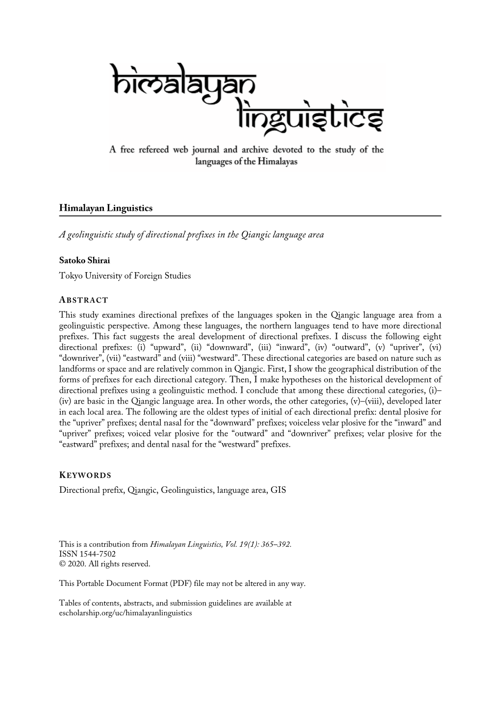 Himalayan Linguistics a Geolinguistic Study of Directional Prefixes in The