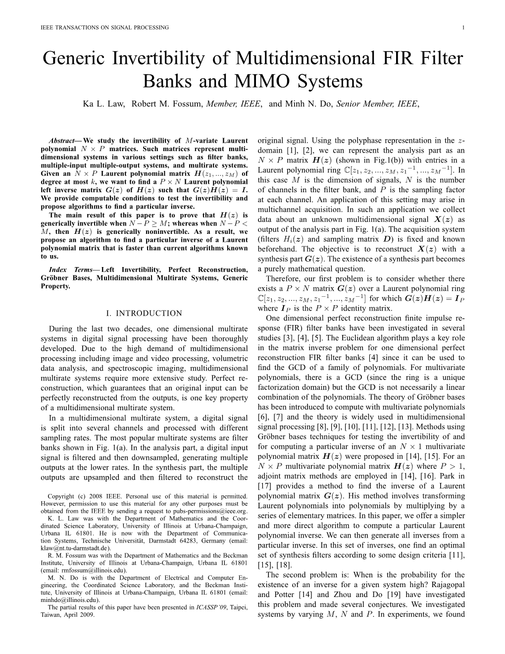 Generic Invertibility of Multidimensional FIR Filter Banks and MIMO Systems Ka L