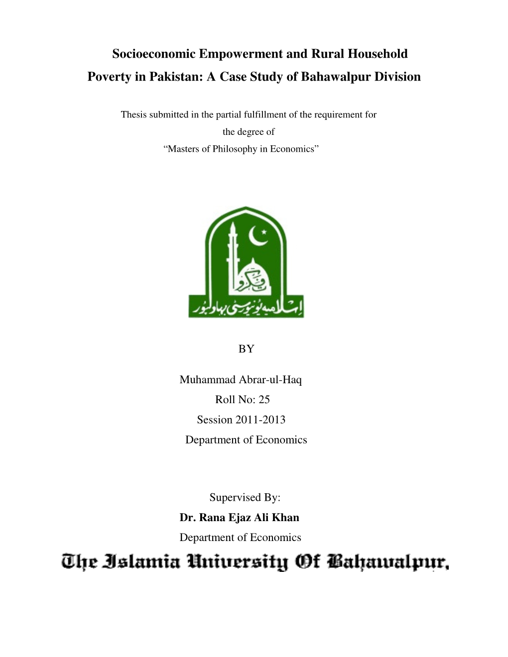 Socioeconomic Empowerment and Rural Household Poverty in Pakistan: a Case Study of Bahawalpur Division