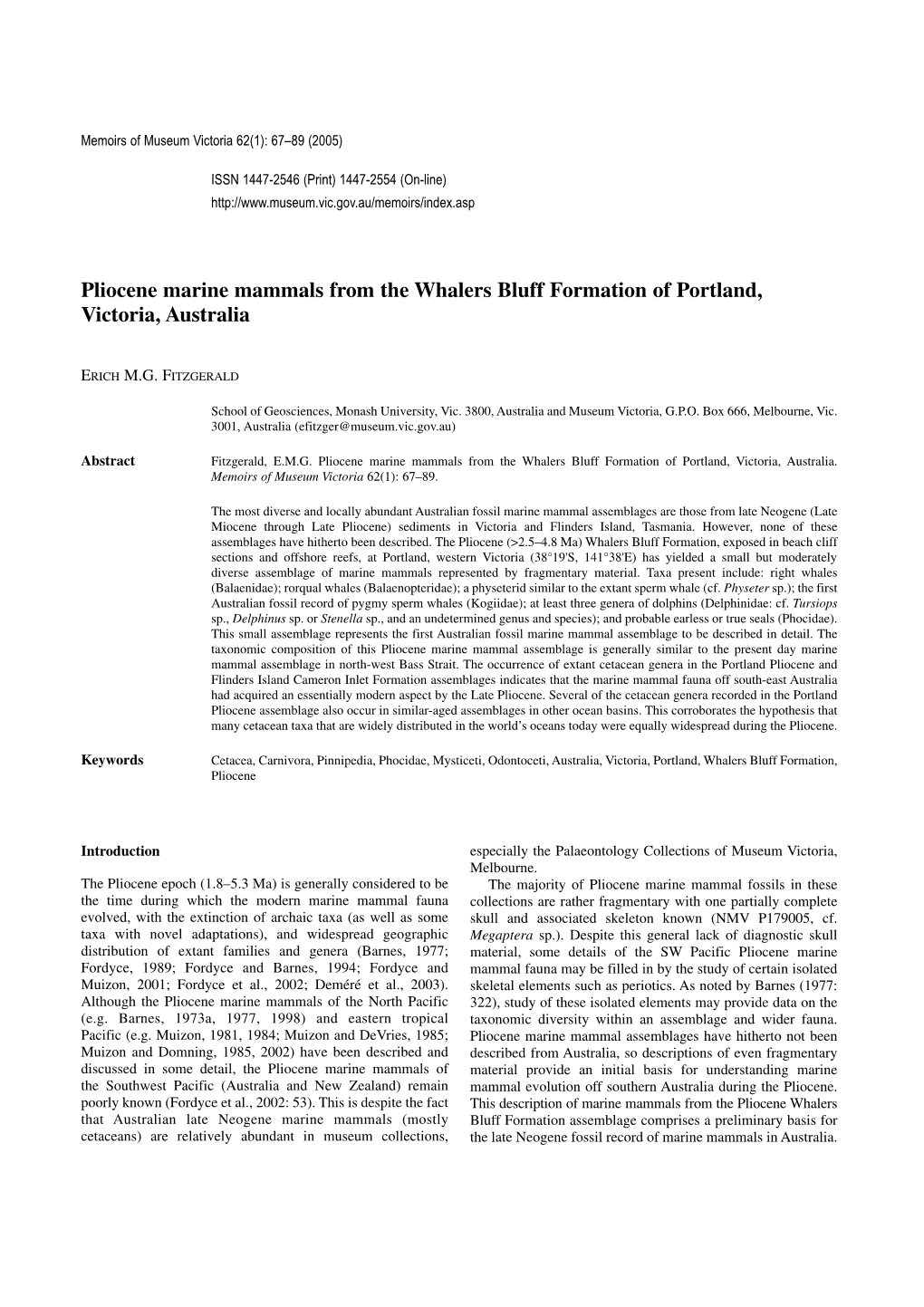 Pliocene Marine Mammals from the Whalers Bluff Formation of Portland, Victoria, Australia