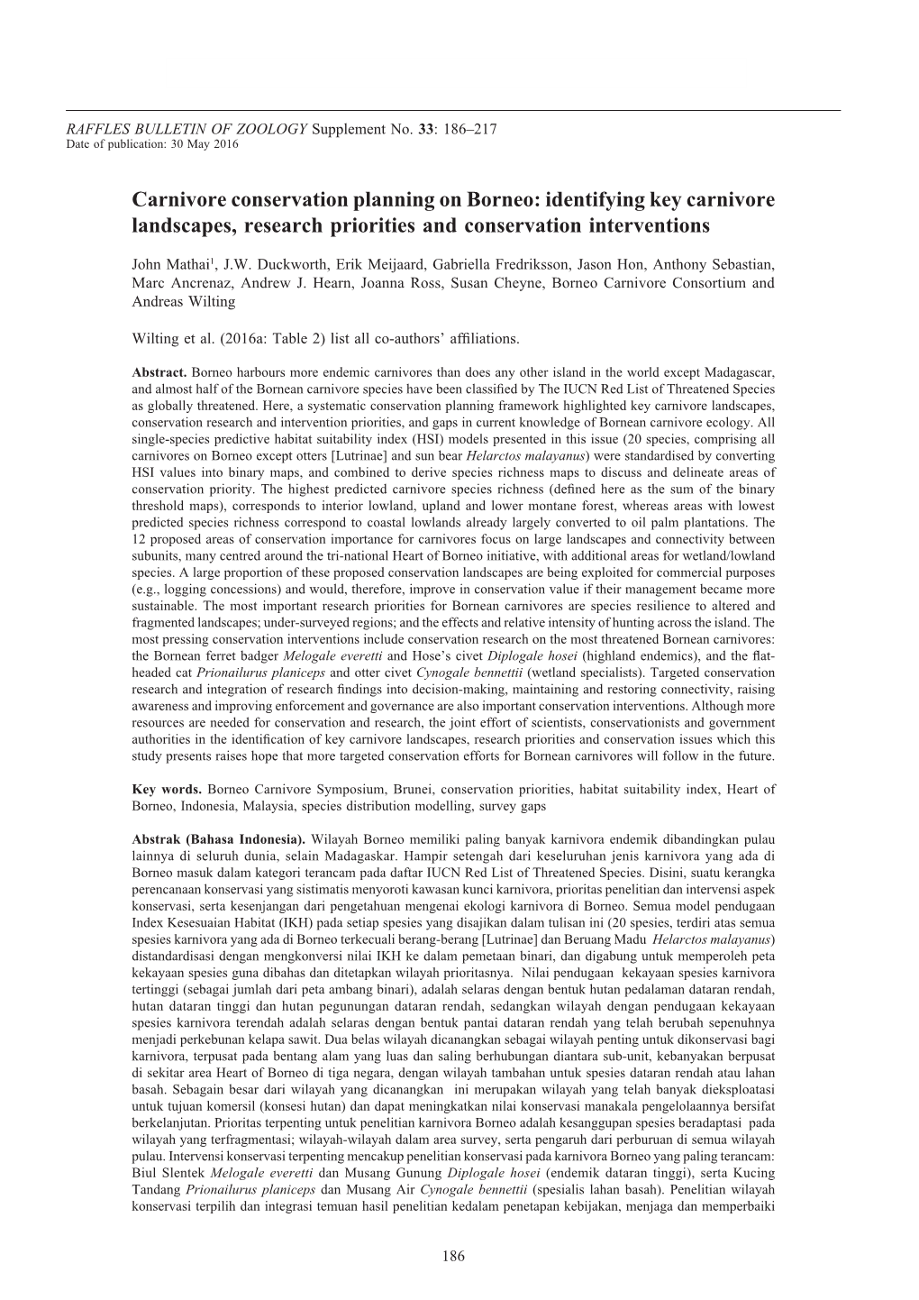 Carnivore Conservation Planning on Borneo: Identifying Key Carnivore Landscapes, Research Priorities and Conservation Interventions