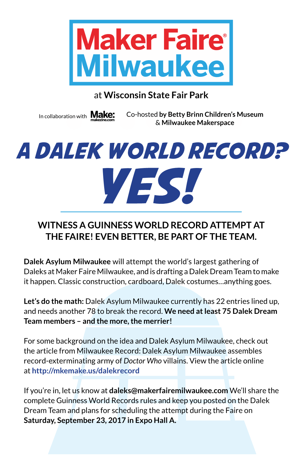 A Dalek World Record? Yes! WITNESS a GUINNESS WORLD RECORD ATTEMPT at the FAIRE! EVEN BETTER, BE PART of the TEAM